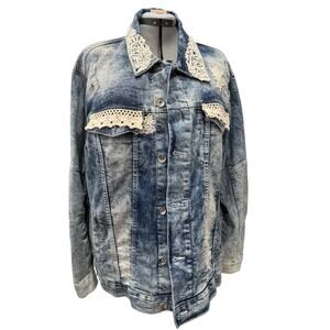 OOAK Upcycled Distressed Denim Jacket Lace Back Applique Boho Artwear Plus 2X